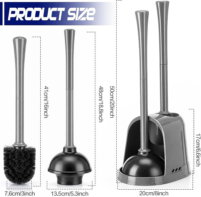 Reallnaive 4 Set Toilet Plunger and Brush Set with Ventilated Holder 2 in 1 Toilet Bowl Brush and Heavy Duty Plunger Combo Bathroom Cleaning Kit for Home and Commercial Bathrooms Drainage (Gray)
