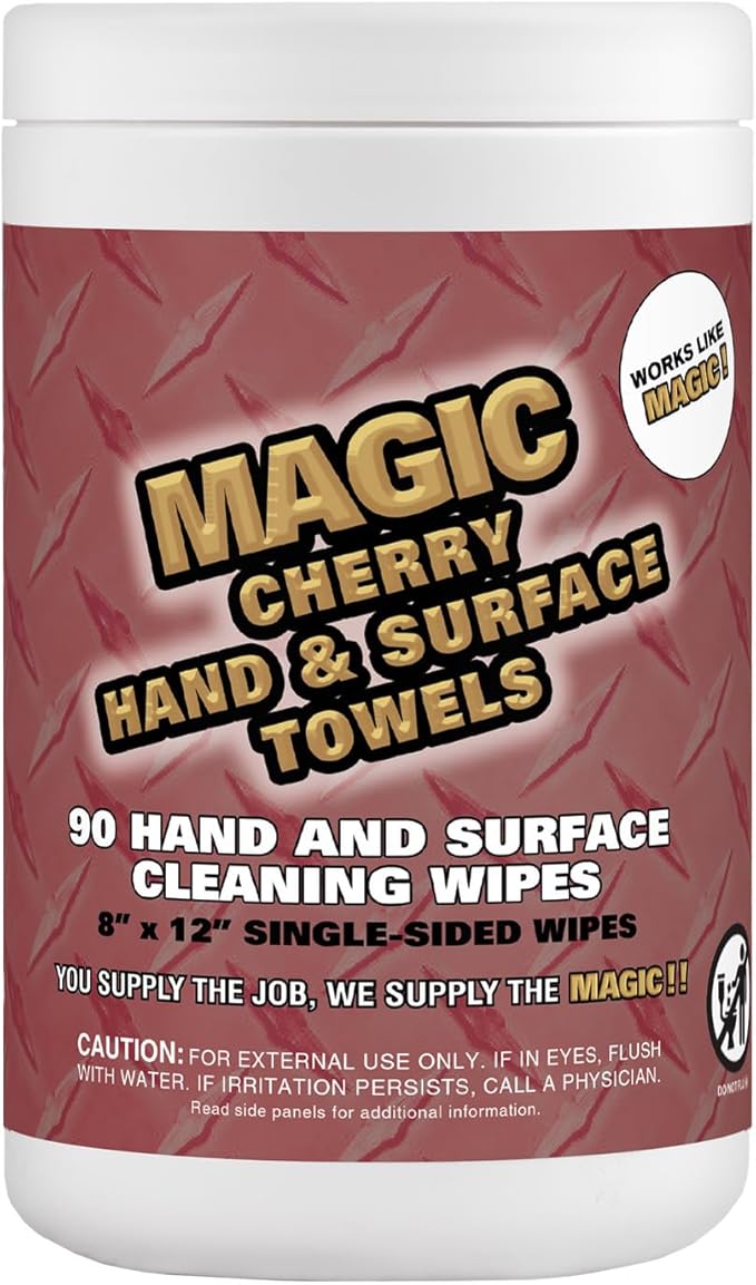 Magic Cherry Scented Heavy Duty Cleaning Wipes - Single Sided Hand & Surface Shop Towels | Professional-grade Cleaning | Waterless | Cleans Grease, Oil, Dirt, & more (6 Pack | 540 Sheets Total)