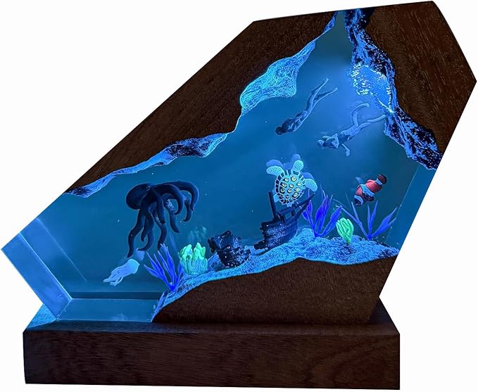 Octopus Ocean Resin Lamp, Handmade Wooden Table Resin Night Light, USB Port Art Ornaments for Home Office Decor, Scuba Diver Gifts for Birthday Holiday, Valentine's Day Gifts for Husband