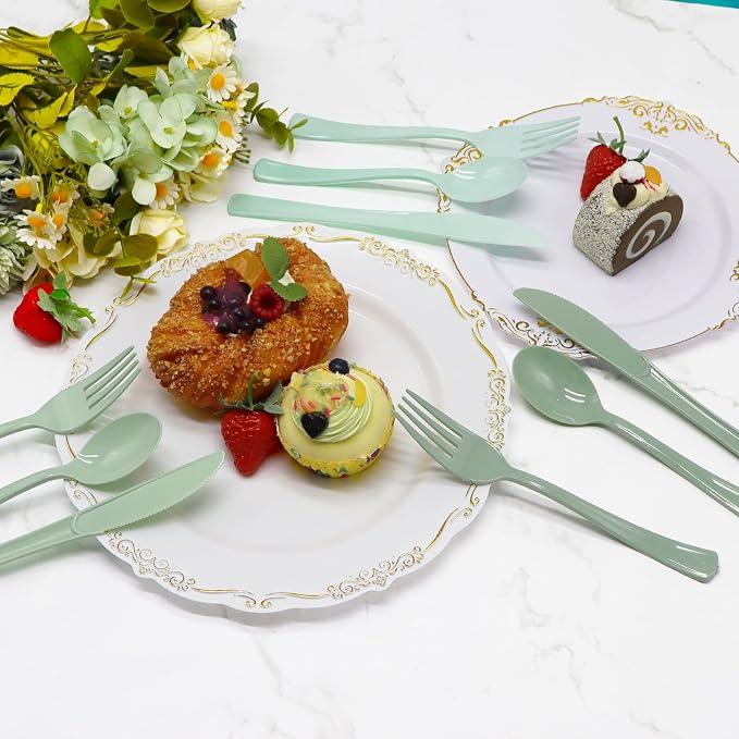 180 PCS Gradient Sage Green Plastic Silverware Heavy Duty Sage Green Cutlery Disposable Set Include 60 Forks, 60 Knives, 60 Spoons for Birthday, Baby Shower, Wedding