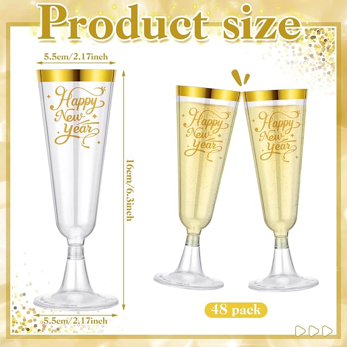 Jingmore 48 Pack 2027 Happy New Year Gold & Sliver Rimmed Plastic Champagne Flutes Cheer to 2027 Celebration New Years Eve Party Supplies 5oz Disposable Cocktail Cups Transparent Party Favors (Gold)