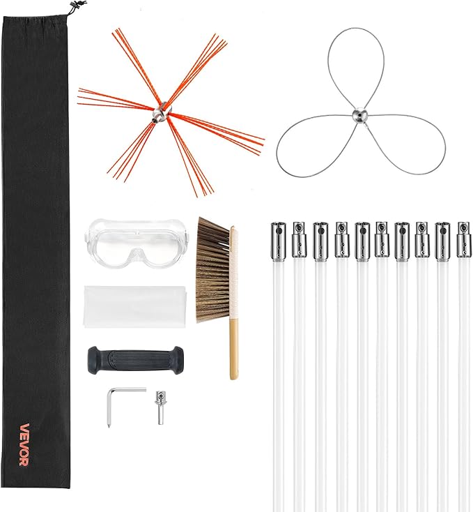 VEVOR Chimney Sweep Kit, 33 ft Maximum Extendable Length Chimney Brush, Chimney Cleaner Sweeper with Dual Brush Heads, Brush & Goggles, Fireplace Cleaning Tool for Square, Rectangle, Arch Chimneys