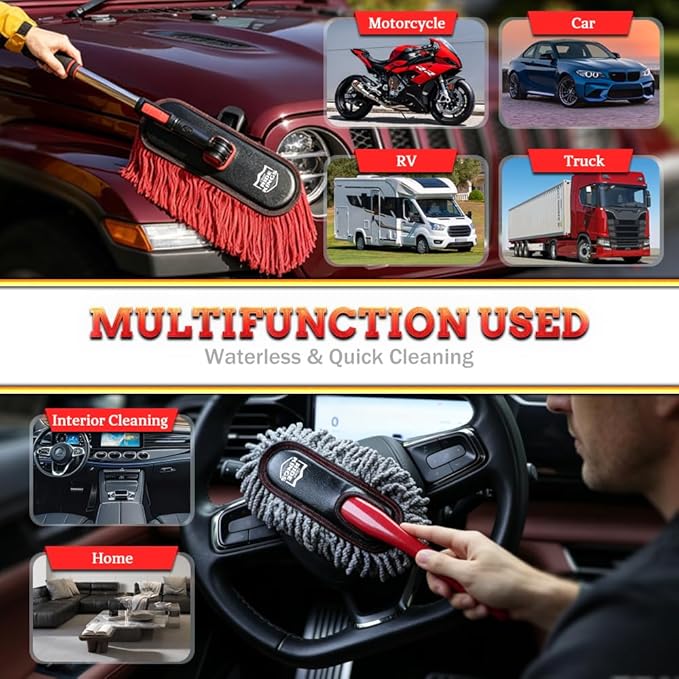 Car Duster Exterior Scratch Free & Interior Detailing Brush Set, Waxed Cotton Waterless Dust Remover, 360° Swivel Telescoping Handle, Multi-Purpose Cleaning Tool for Cars, RVs & Home