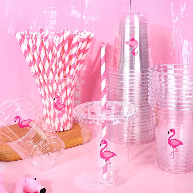 Whaline 50Pcs Flamingo Disposable Plastic Cups with Lids and Straws 12 Oz Pink Flamingo Cold Beverage Drinking Cups for Summer Tropical Hawaiian Birthday Bachelorette Bridal Shower