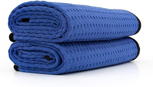 The Rag Company Dry Me A River, Professional Korean 70/30 Blend Microfiber Waffle-Weave Drying & Detailing Towels, Soft Suede Edges, 390 GSM, 20x40 Inches, Royal Blue, 2-Pack