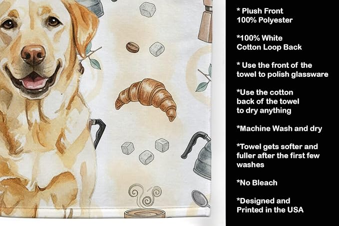 Caroline's Treasures Yellow Labrador Retriever Coffee Bar Kitchen Towel Velour Plush Front and Cotton Loop Back Machine Washable