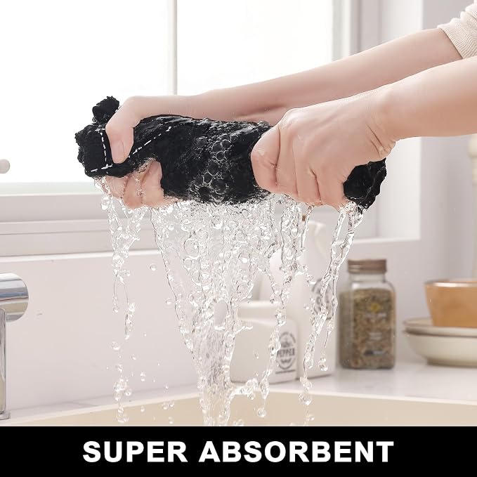 Homaxy Kitchen Towels and Dishcloths Set, 12 x 12 and 13 x 28 Inches, Set of 12 Bulk Cotton Terry Kitchen Towels Set, Checkered Designed, Soft and Super Absorbent Dish Towels, Black