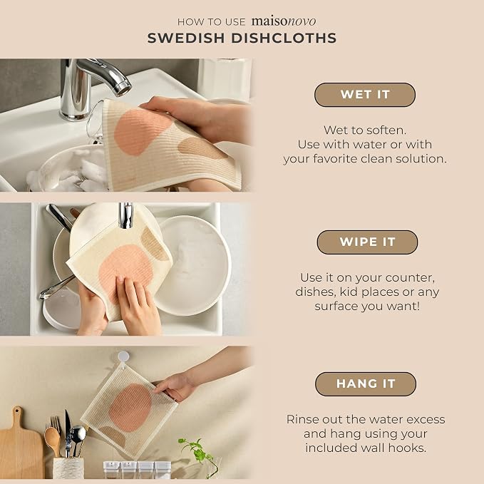MAISONOVO Swedish Dishcloths- Reusable Paper Towels - Swedish Dishcloths for Kitchen- Modern Pack of 4 - Reusable Paper Towels Washable Kitchen Cleaning Cloths
