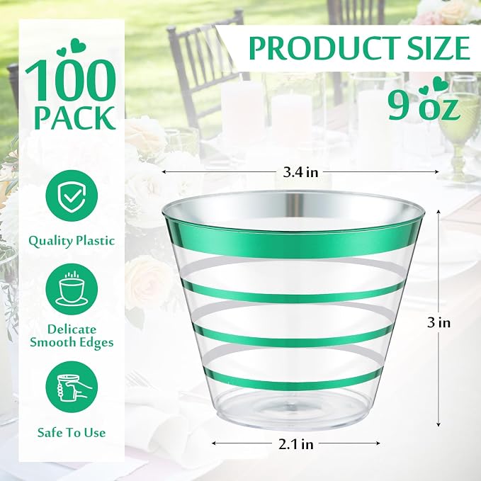 Gejoy 9 oz 100pcs St Patricks Day Rimmed Stripe Plastic Cups Bulk Disposable Wine Hard Plastic Drinking Cocktail Cups Tumblers for Wedding Gathering Party Supplies(dark Green
