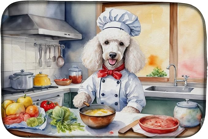 Caroline's Treasures DAC6306DDM White Poodle The Chef Dish Drying Mat Absorbent Dish Drying Mat Pad for Kitchen Counter Dish Drainer Mat for Countertop, 14 x 21", Multicolor