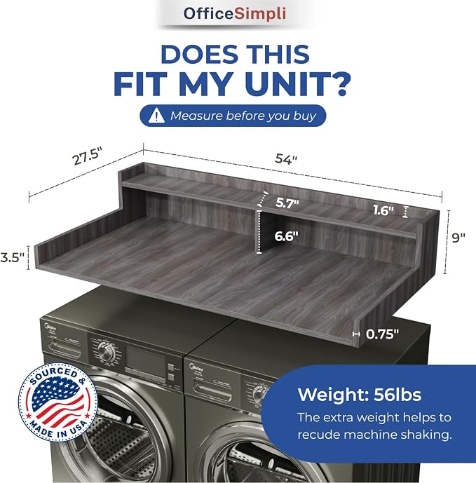 OfficeSimpli Washer Dryer Countertop with Shelf - 27.5 x 54 Inch - Made in USA Laundry Countertop Over Washer and Dryer with Non-Slip Pads, Storage Shelf, Laundry Topper Organizer, Iconic Maple