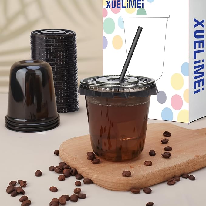 12oz Disposable Stemless Glasses with Flat Lids and Straws,PET Disposable Drinking Cups,Clear Plastic Wine Glasses for Parties Birthday,Wedding,Meeting,Christmas Party Supplies. (100, Black)