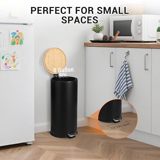 30 Liter/8 Gallon Step Trash Can with Bamboo Lid, Round Slim Stainless Steel Garbage Can with Removal Inner Liner, Soft Close for Kitchen, Office, Living Room, Bathroom, Black