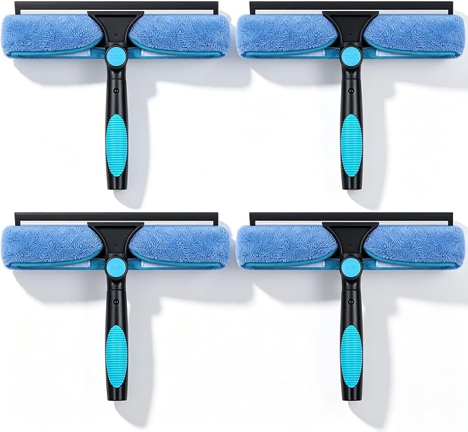 4 Pcs 11" Swivel Window Squeegee and Microfiber Scrubber 2 in 1 Cleaning Washer Cleaner Supplies for Windows, Shower Rooms, Car Windows, Without Extension Pole