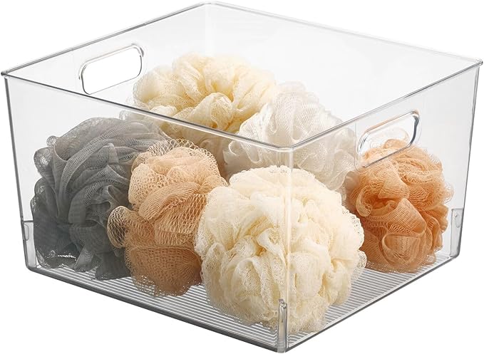 mDesign Large Modern Stackable Plastic Storage Organizer Bin Basket with Handles for Bathroom Vanity Organization - Shelf, Cubby, Cabinet, or Closet Organizing Decor - Ligne Collection, 8 Pack - Clear