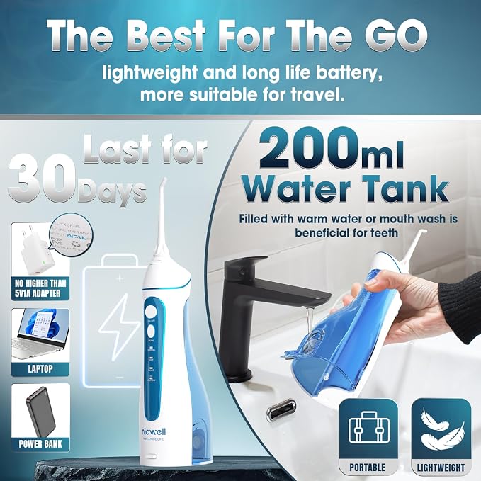 Nicwell Water Dental Flosser Pick for Teeth: 4 Modes Cordless Portable Rechargeable Oral Irrigator IPX7 Waterproof Cleaner Pik Deep Cleaning Flossing Pic Machine for Home Travel
