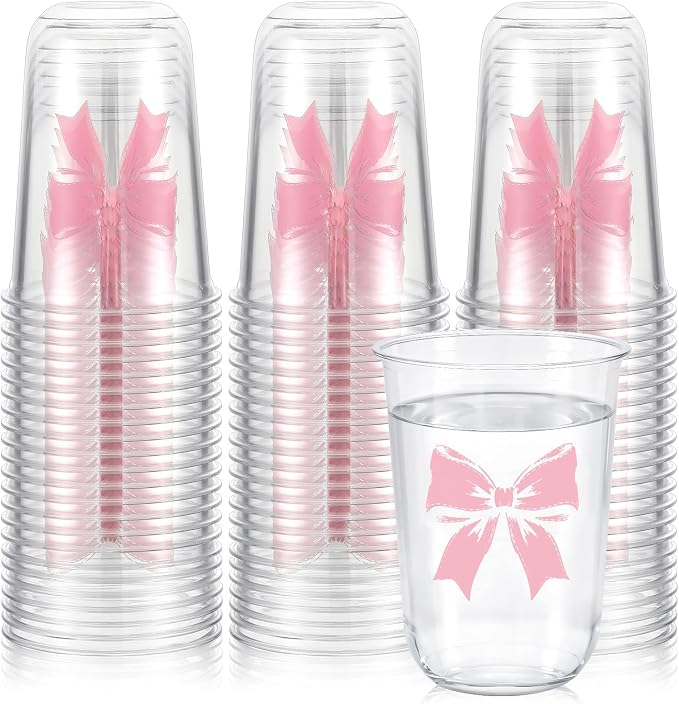 Ziliny 50 Pcs 16oz Pink Bow Cups Birthday Party Decorations Supplies Disposable Plastic Cups for Bachelorette Party Valentines Galentines Day Christmas Wedding Baby Shower