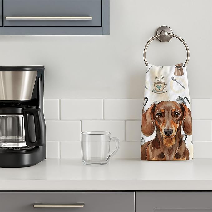 Caroline's Treasures Chocolate and Tan Dachshund Coffee Bar Kitchen Towel Velour Plush Front and Cotton Loop Back Machine Washable