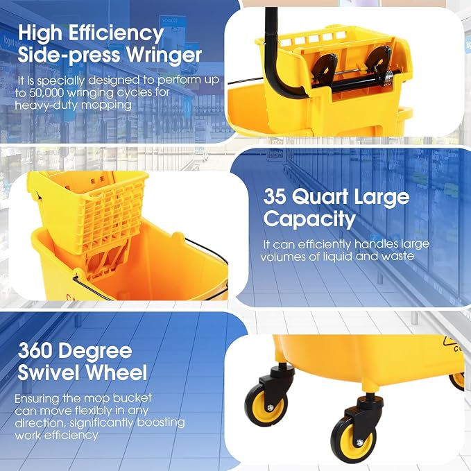 Maxdot 35 Quart Commercial Mop Bucket with Side Press Wringer on Wheels 10 Pcs Set Yellow Industrial Mop and Bucket with Caution Sign 5 Microfiber Cleaning Rag and 2 Gloves Set for Floor Cleaning