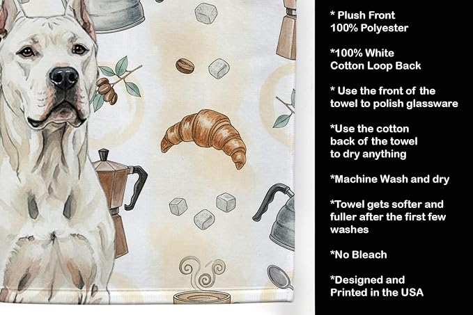 Caroline's Treasures Dogo Argentino Coffee Bar Kitchen Towel Velour Plush Front and Cotton Loop Back Machine Washable