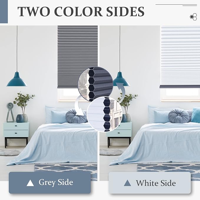 Cellular Shades, Blackout Blinds, Cordless Polyester Honeycomb Blinds for Windows, Room Darkening, Pleated Window Shades for Bedroom, Home, Bathroom, Office, Kitchen, 20" W X 48" H, Grey