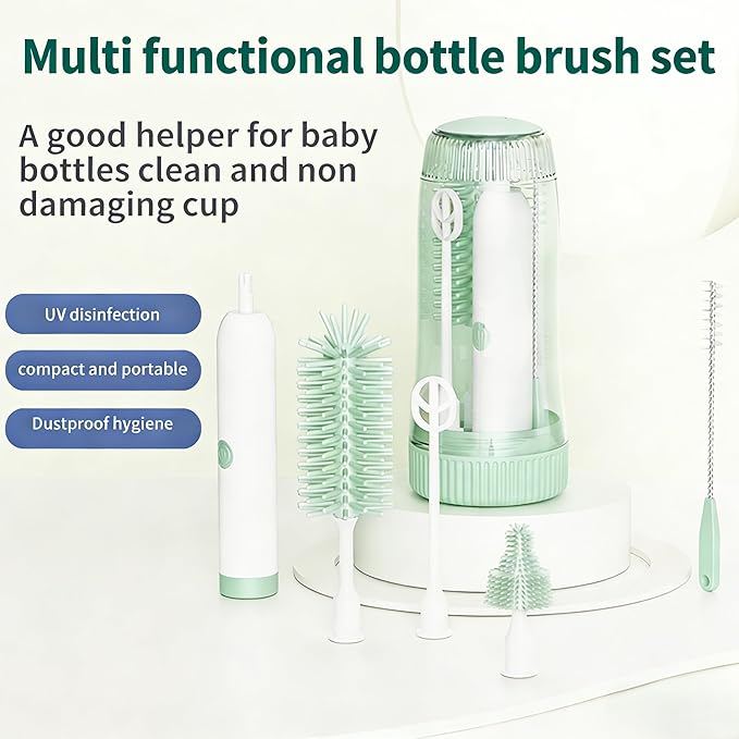 Portable Electric Silicone Bottle Brush Set, 7-in-1 UV Light USB Charging, Nipple/Straw Cleaner, Milk Mixer, Built-in Drying Rack & Storage Case, BPA-Free, IPX7, On-the-Go for New Parents (Mint)