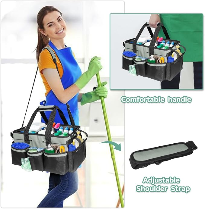 Wearable Cleaning Supply Organizer Caddy Bag, Storage Tote with Handles & Adjustable Shoulder Strap,Heavy - Duty Nylon,Cleaning Supplies Organizer with Divider for Housekeeper & Cleaners