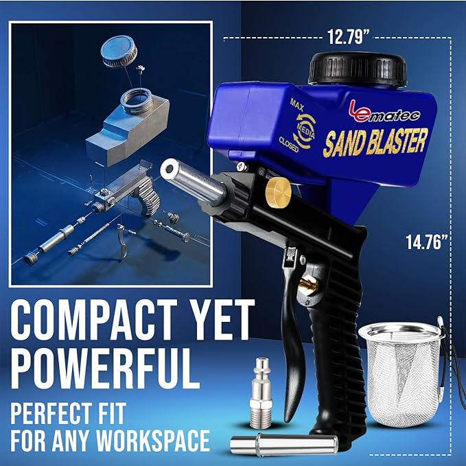 LE LEMATEC Sand Blaster Gun Kit for Air Compressor - Portable Sandblaster for Paint & Rust Removal, Metal, Wood, Auto Surface Prep, Works with Soda Sand Walnut Media, 150 PSI Gravity-Fed