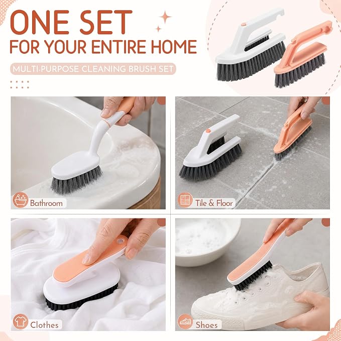 10 Pack Dish Brush Set for Household Use Kitchen Scrub Brushes with Non-Slip Long Handle Multi-Purpose Cleaning Brushes for Dishes Pot Pan Kitchen Sink Tub Cup Clothes Shoes Floor (Pink)