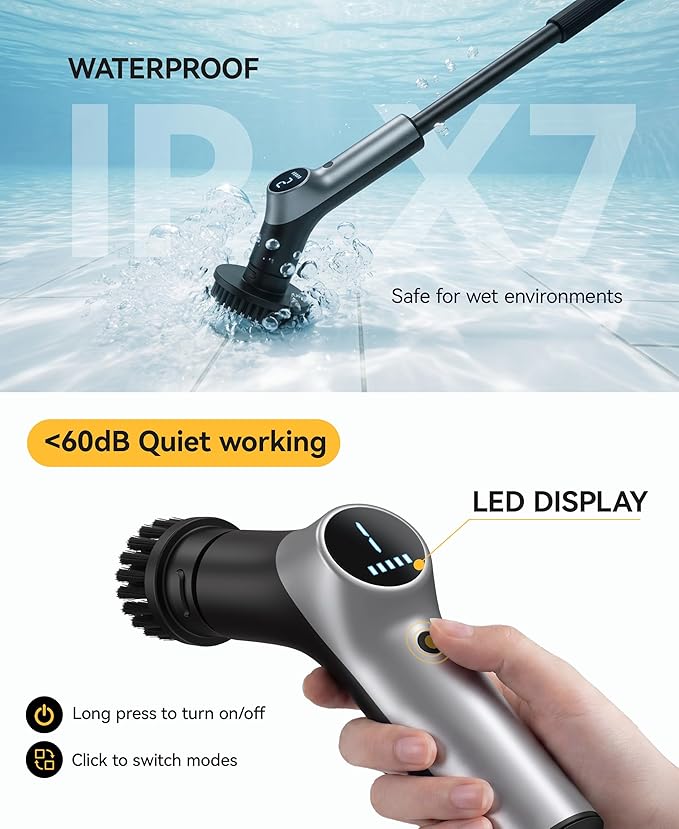 Electric Spin Scrubber,Power Shower Scrubber with 6 Replaceable Brush Heads,120 Mins Runtime Cleaning Brush with Adjustable Extension Arm with 6 Additional Spong scouring Fiber pad