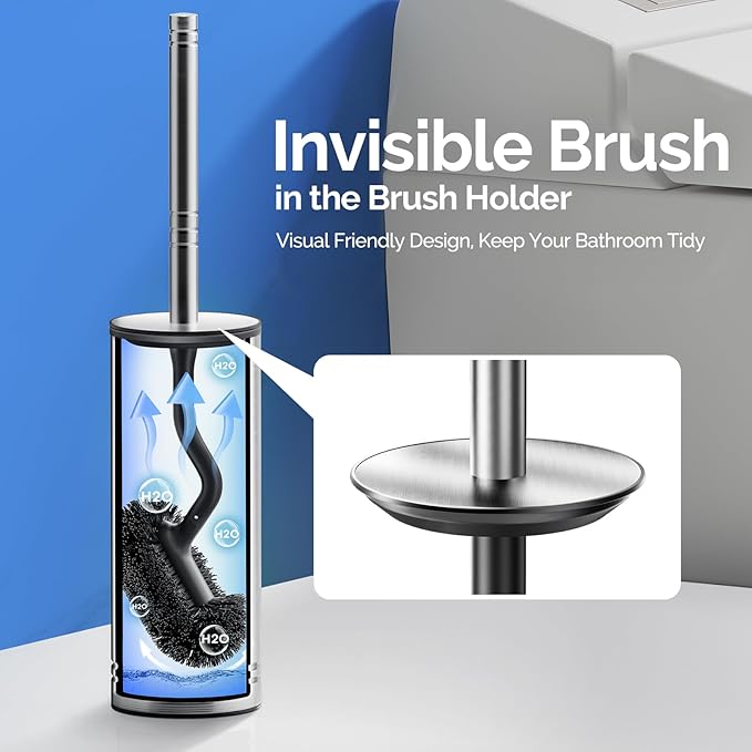 HAMITOR Toilet Brush and Holder Set: 304 Stainless Steel Rustproof Toilet Scrubber with Under Rim Deep Cleaning Curved Bristle - Bathroom Cleaner Brush for Renters Homeowners Family Silver 2 Pack