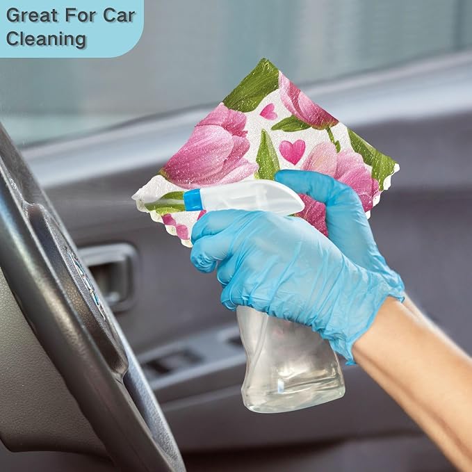 Pink Fresh Tulips and Hearts Kitchen Towels Dish Cloths Set of 6 Microfiber Cleaning Cloths for Cars Super Absorbent Machine