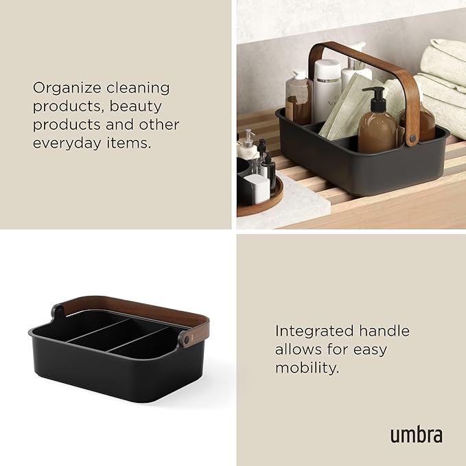 Umbra Bellwood Stackable Bin, 14" x 10" Durable Lightweight Container with Wooden Handle and Removable Dividers, Black/Walnut