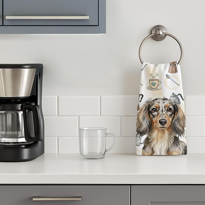 Caroline's Treasures Longhaired Dapple Dachshund Coffee Bar Kitchen Towel Velour Plush Front and Cotton Loop Back Machine Washable