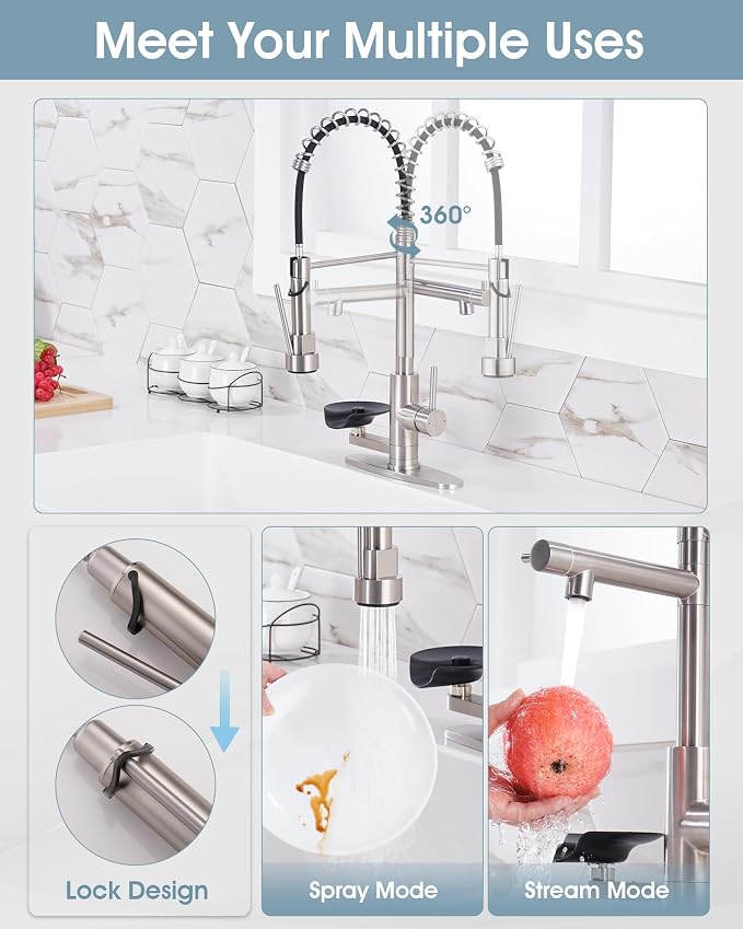 Kitchen Sink Fuacet with Glass Rinser, Single Handle Kitchen Faucet with Pot Filler, Pull Down Sparyer, Deck Plate, 304 Stainless Steel, Brushed Nickel