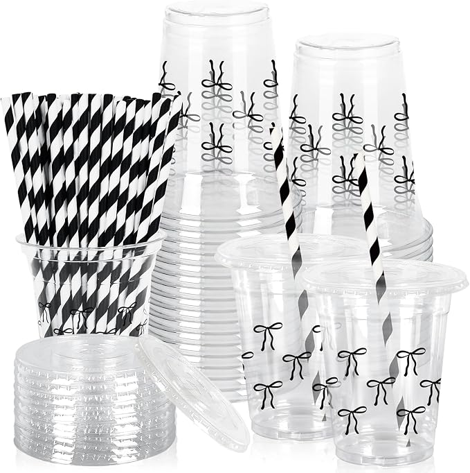 FYSUIMU 50Pcs 12Oz Black Bow Plastic Cups with Lids & Straws Cute Bowknot Clear Disposable Cups for Coquette Birthday Baby Shower Party Supplies