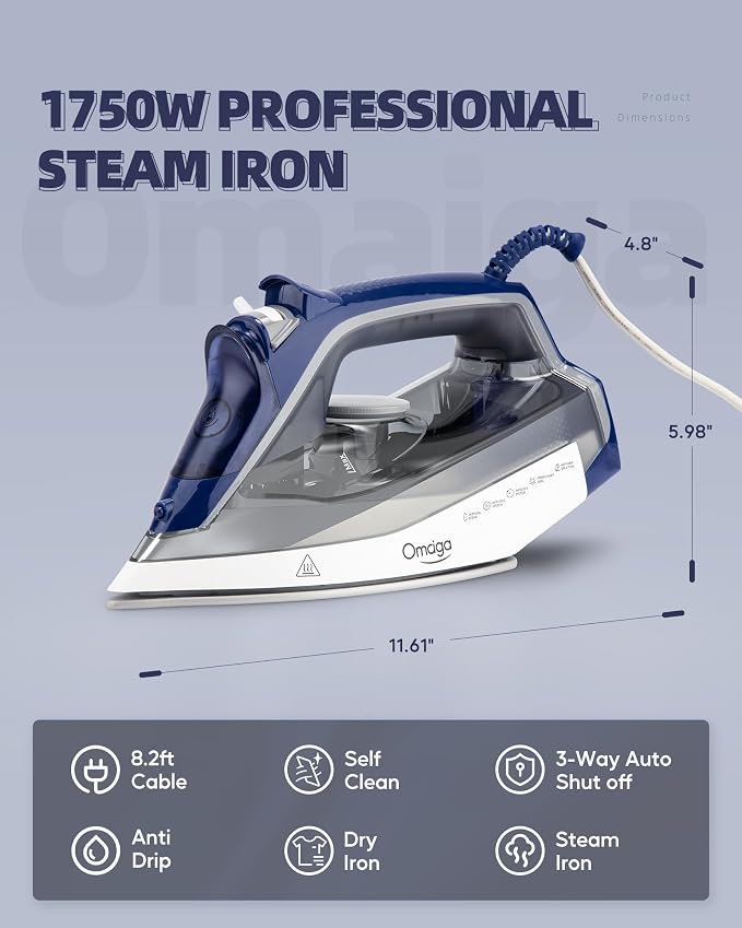 OMAIGA Steam Iron for Clothes, 1750W Clothes Iron with Ceramic Soleplate, Powerful Steam, 3-Way Auto Shut Off, Self-Cleaning & Anti-Calc, Anti-Drip, 13.52oz Water Tank, Grey