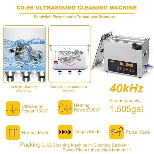 6L Ultrasonic Cleaner Dual-Frequency Professional Digital Stainless Steel Cleaning Machine with Heater Timer for Carburetor, Parts, Circuit Board, Glasses, Denture，Jewelry