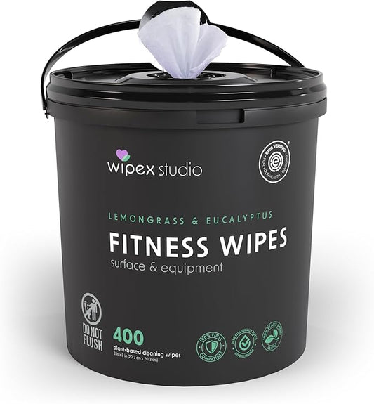 Wipex Yoga Mat Cleaner Wipes, EWG Verified, 400 Ct Plant-Based Lemongrass, Eucalyptus & Vinegar Wipes for Gym & Fitness Equipment & All Purpose Gym Cleaning - Safe for Peloton Bikes & Treadmills