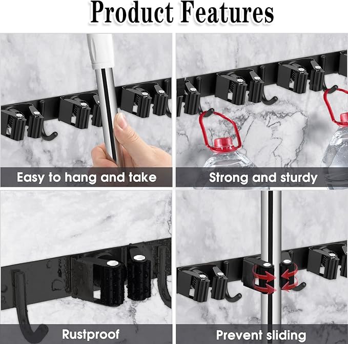 AceMining Plastic and Rubber Broom and Mop Storage Rack, Black, 5 Racks and 4 Hooks, Holds Up to 30 lbs