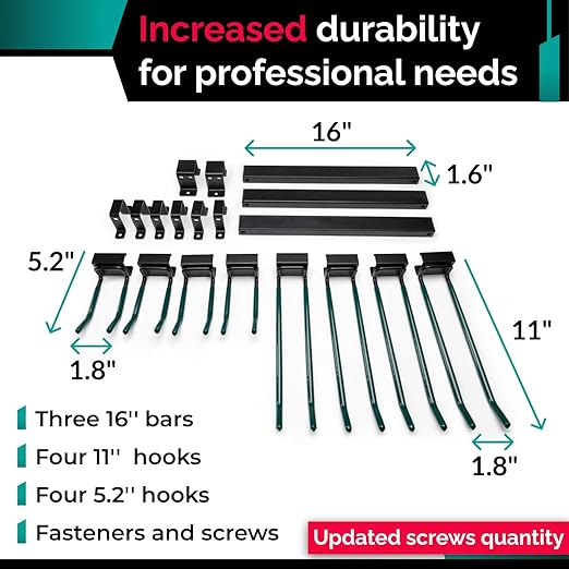IDL Packaging Industrial Grade 48" Garage Tool Organizer with 8 Hooks, 720 lbs Total Holding Weight - for Repair Shops, Warehouses, Storages, Garages - Super Heavy-Duty Wall Mount Gear