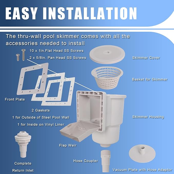 Wadoy SP1091LX Above Ground Pool Skimmer Dyna-Skim with Accessories Compatible with Hayward Pool Skimmer Accessories Kit for 6" Standard Pool Wall Openings