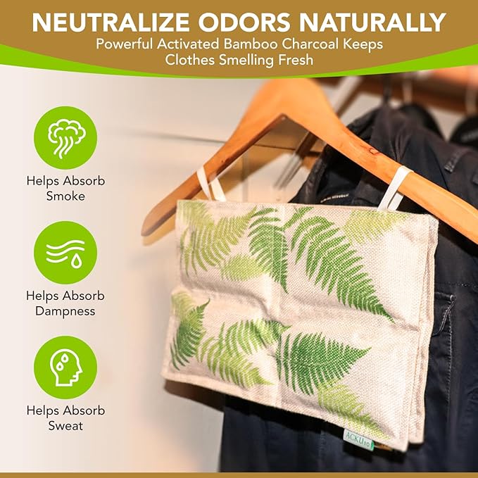 Hanging Bamboo Charcoal Natural Odor Absorber for Clothing, Closets, Wetsuits, Gym Bags & More – Fragrance-Free, Chemical Free, Reusable, Long-Lasting (3-Pack)
