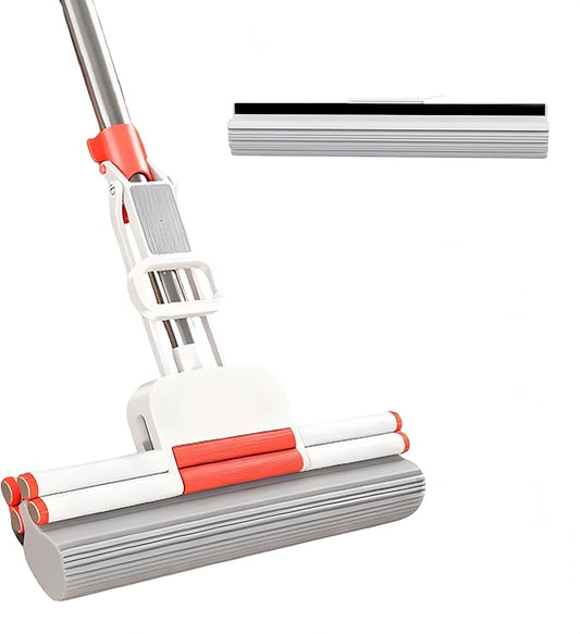 Sponge Mop PVA Mop Thickened Stainless Steel No-Swivel Design for Deep Cleaning Includes 1 Frame and 2 Extra Refill Heads Suitable for Tiles Floors Bathrooms and Home Use 15 Inch
