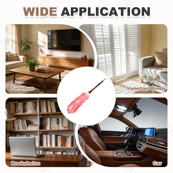 uxcell Wool Duster, 20.5" Natural Feather Cleaner Household Cleaning Duster with Solid Wooden Handle for Cleaning Fans Window Blinds Shelves Furniture, White Pink