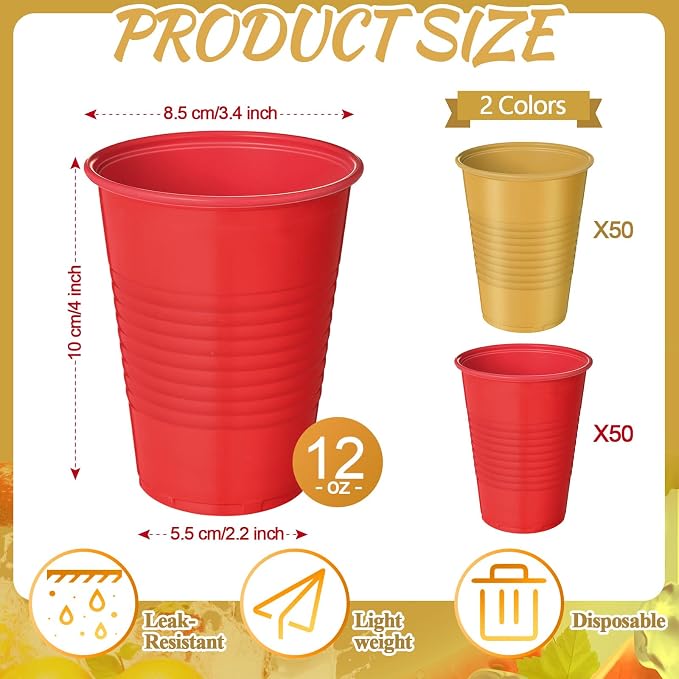 Funnymoom 100 Pcs Red and Gold Plastic Cups, 12 oz Disposable Party Cups for Graduation, Ceremony, Wedding Reception, Birthday Party Supplies