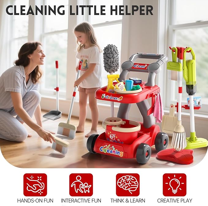 Kids Cleaning Toy Set, Educational Pretend Play Cart with 29 Pcs, Detachable Housekeeping Tools for Toddlers