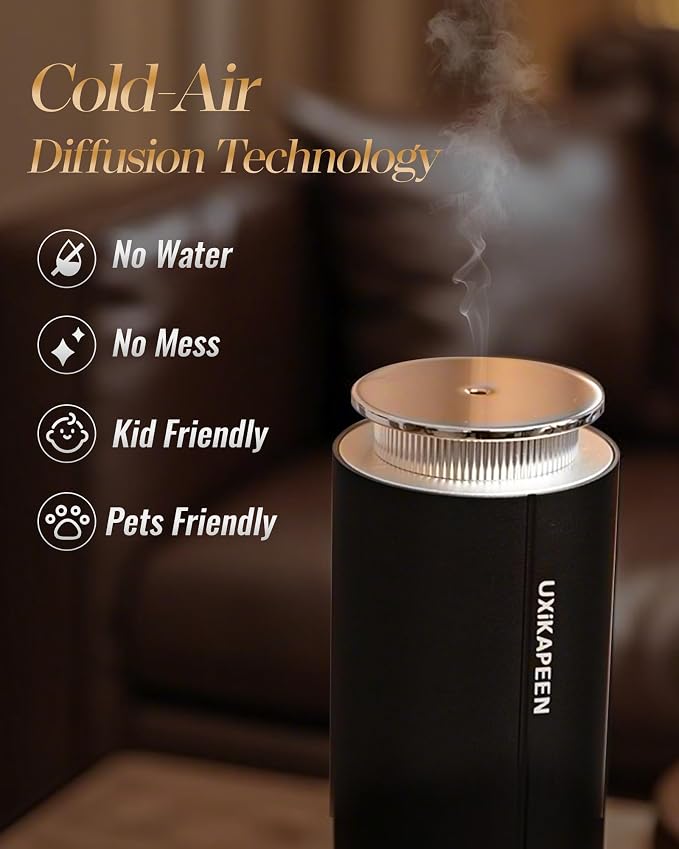 Diffusers for Home Large Room,Waterless Essential Oil Diffuser with 2000 Sq.Ft Coverage,Cordless Battery Operated Diffuser,Hotel Scent Diffuser Starter Kit Tech 120ML for Bedroom/Office/Spa/App, Black