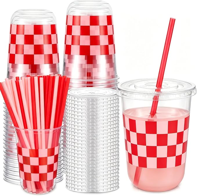 LemonRoad 50sets 16oz Red Checkered Cups Race Car Birthday Party Decorations Supplies Plastic Cups Disposable with Lids and Straws for Racing Party Christmas Birthday Wedding Baby Shower Decoration