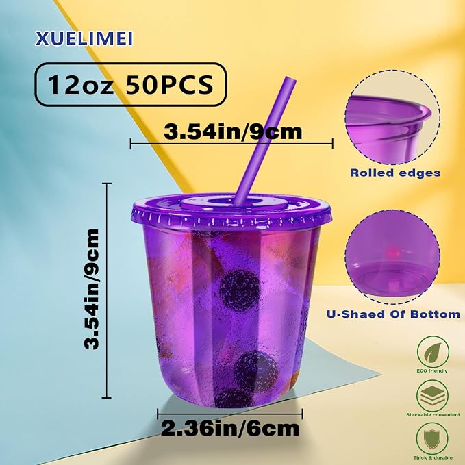 12oz Disposable Stemless Glasses with Flat Lids and Straws,PET Disposable Drinking Cups,Clear Plastic Wine Glasses for Parties Birthday,Wedding,Meeting,Christmas Party Supplies. (50, Purple)